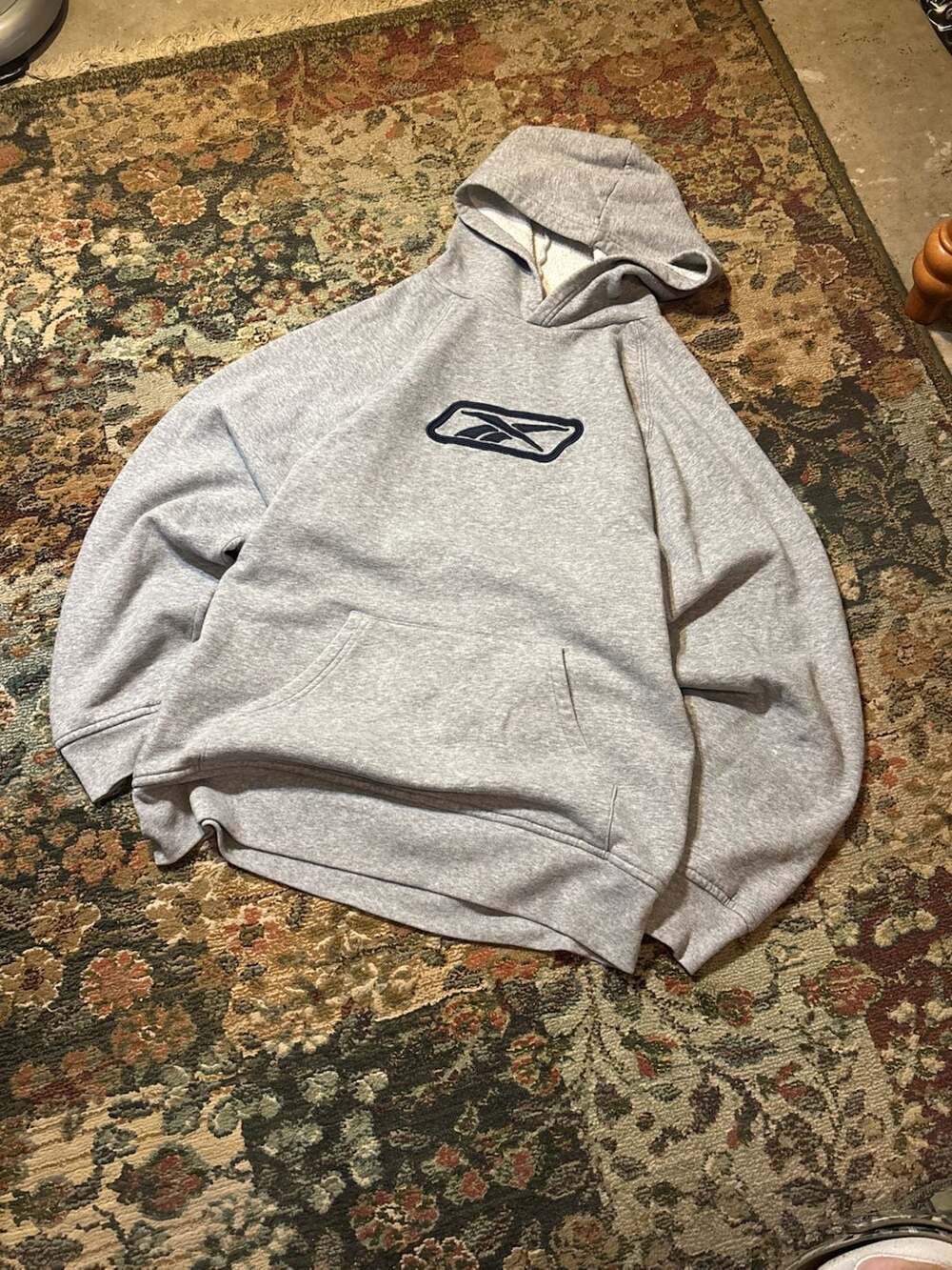 Vintage Reebok Grey Pullover Hoodie with Embroidered Logo Size XL